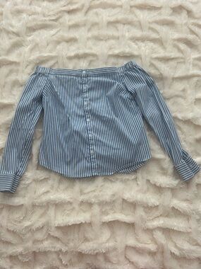Express Blue and White Striped Off-Shoulder Button-Down Top